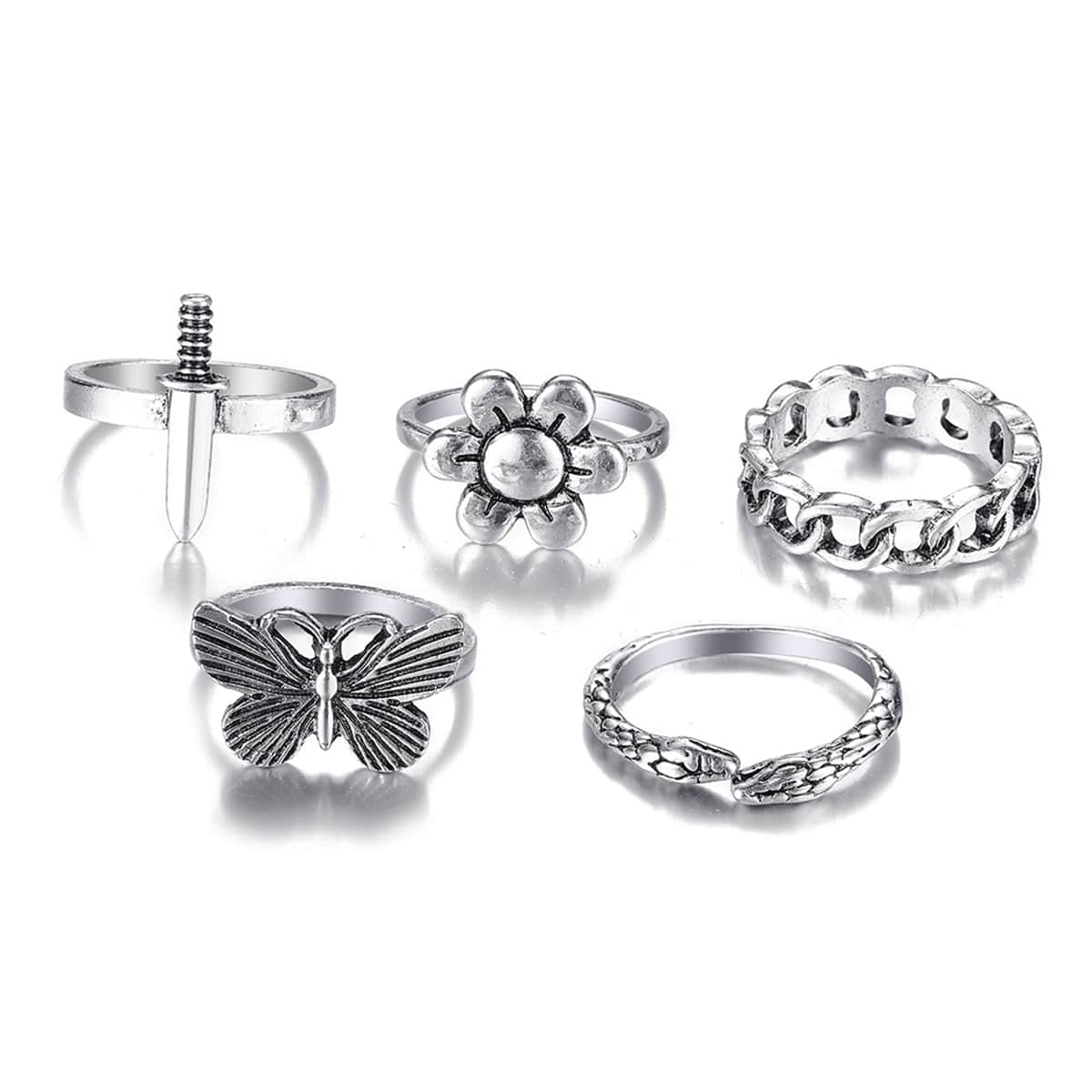 Silvertone Butterfly Snake Flower Ring Set