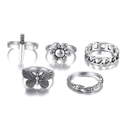 Silvertone Butterfly Snake Flower Ring Set