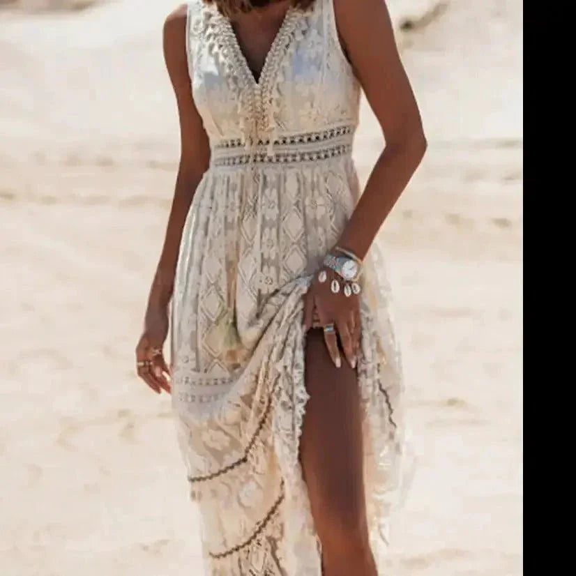 Lace-Trimmed V-Neck Maxi Dress