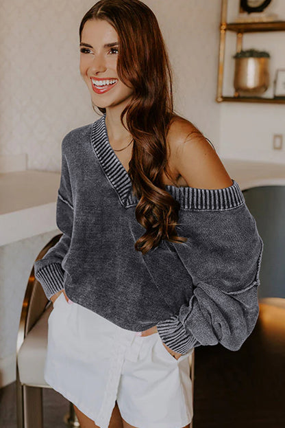Four Leaf Clover Mineral Wash V Neck Knit Exposed Seam Drop Shoulder Loose Sweater