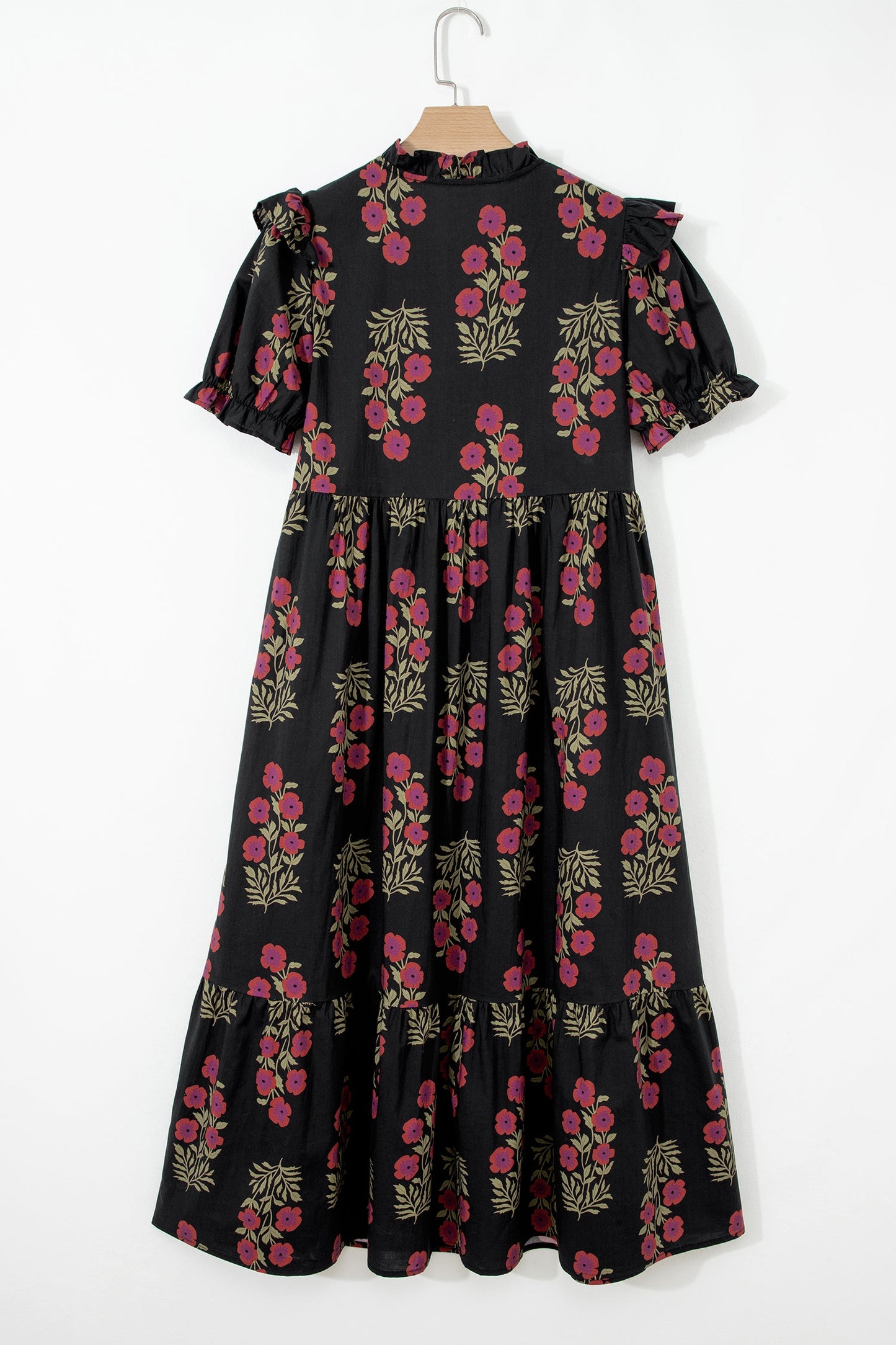 Kali Floral Short Bubble Sleeve Tiered Maxi Dress - Black