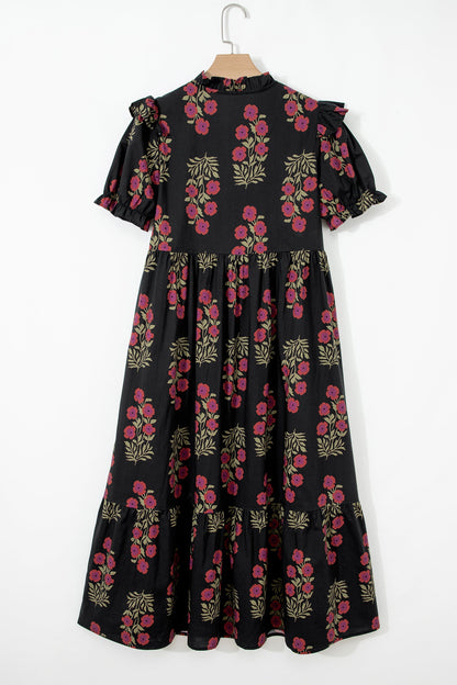 Kali Floral Short Bubble Sleeve Tiered Maxi Dress - Black