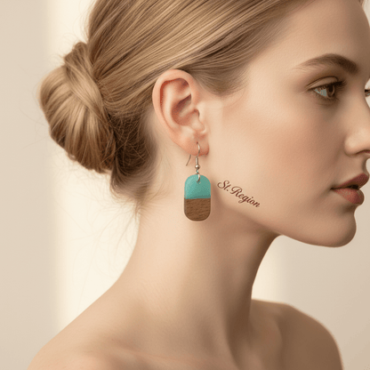 Green Resin & Wood Silvertone Patchwork Rectangle Hook Earrings