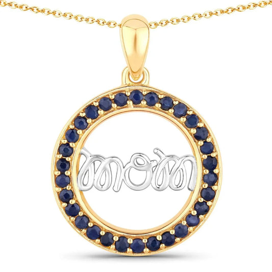 Round Blue Sapphire Prong Gold Plated Silver Mom Circle Pendant Necklace
