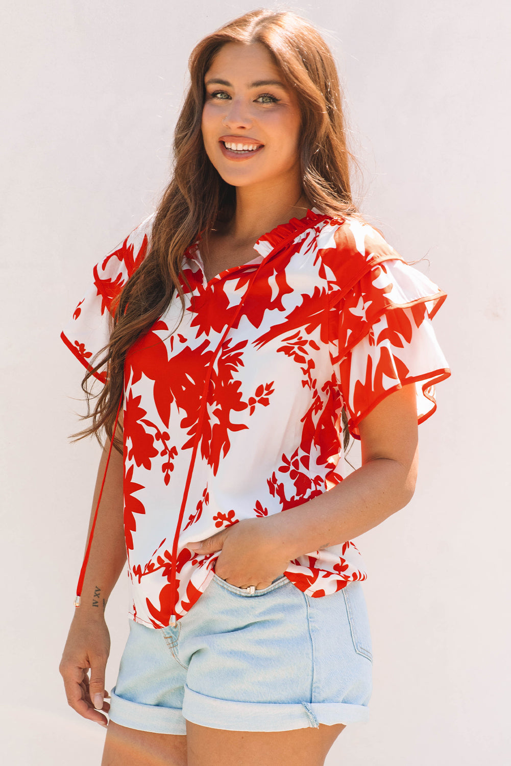 Threaded Pear Zoya Tiered Ruffled Sleeve V Neck Blouse