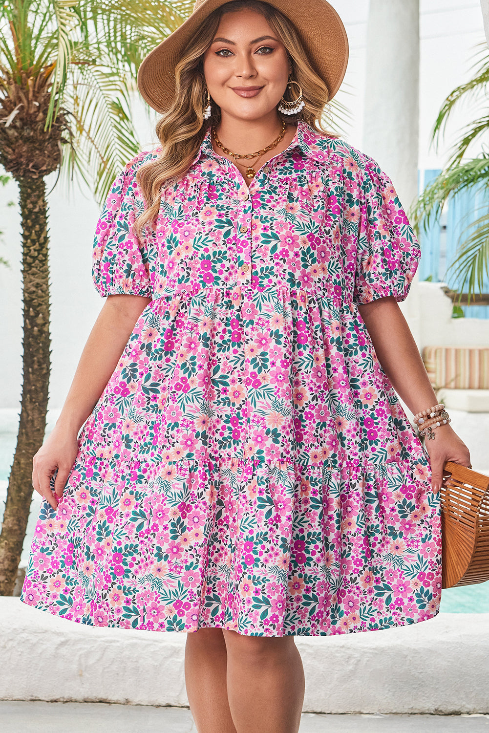 Threaded Pear Mariana Plus Size Floral Puff Sleeve A-line Dress