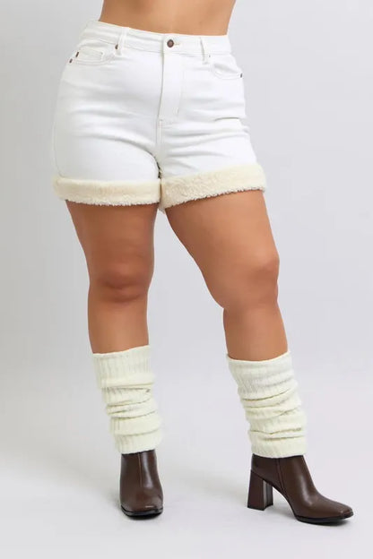 Judy Blue Full Size High Waist Shearling Cuff Denim Shorts Plus Size