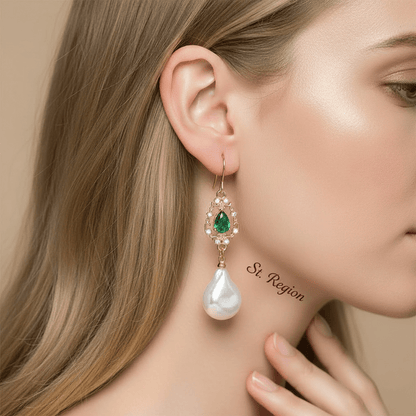 Emerald Crystal & Baroque Pearl Goldtone Teardrop Hook Earrings