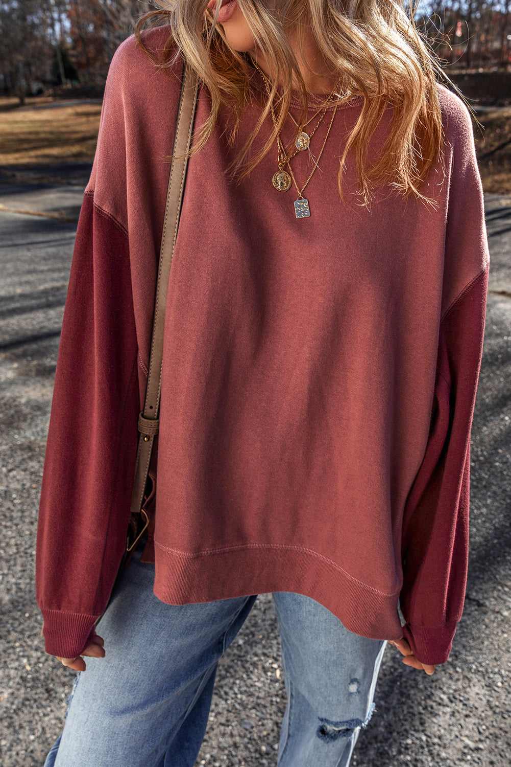 Ella Patchwork Drop Shoulder Pullover - Mineral Red / L - 12/14