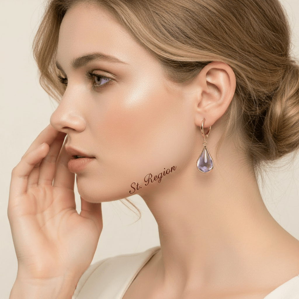 Purple Glass & Goldtone Drop Shape Huggie Earrings