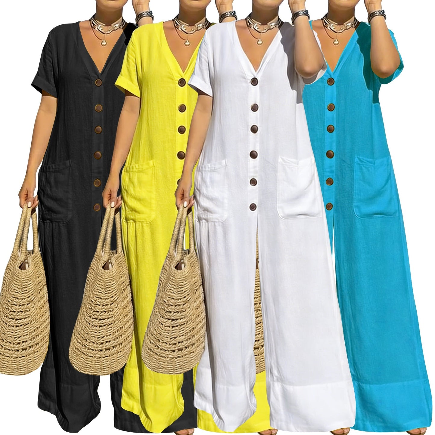 Women's Loose V-Neck Button Jumpsuit – Wide Leg Plus Size