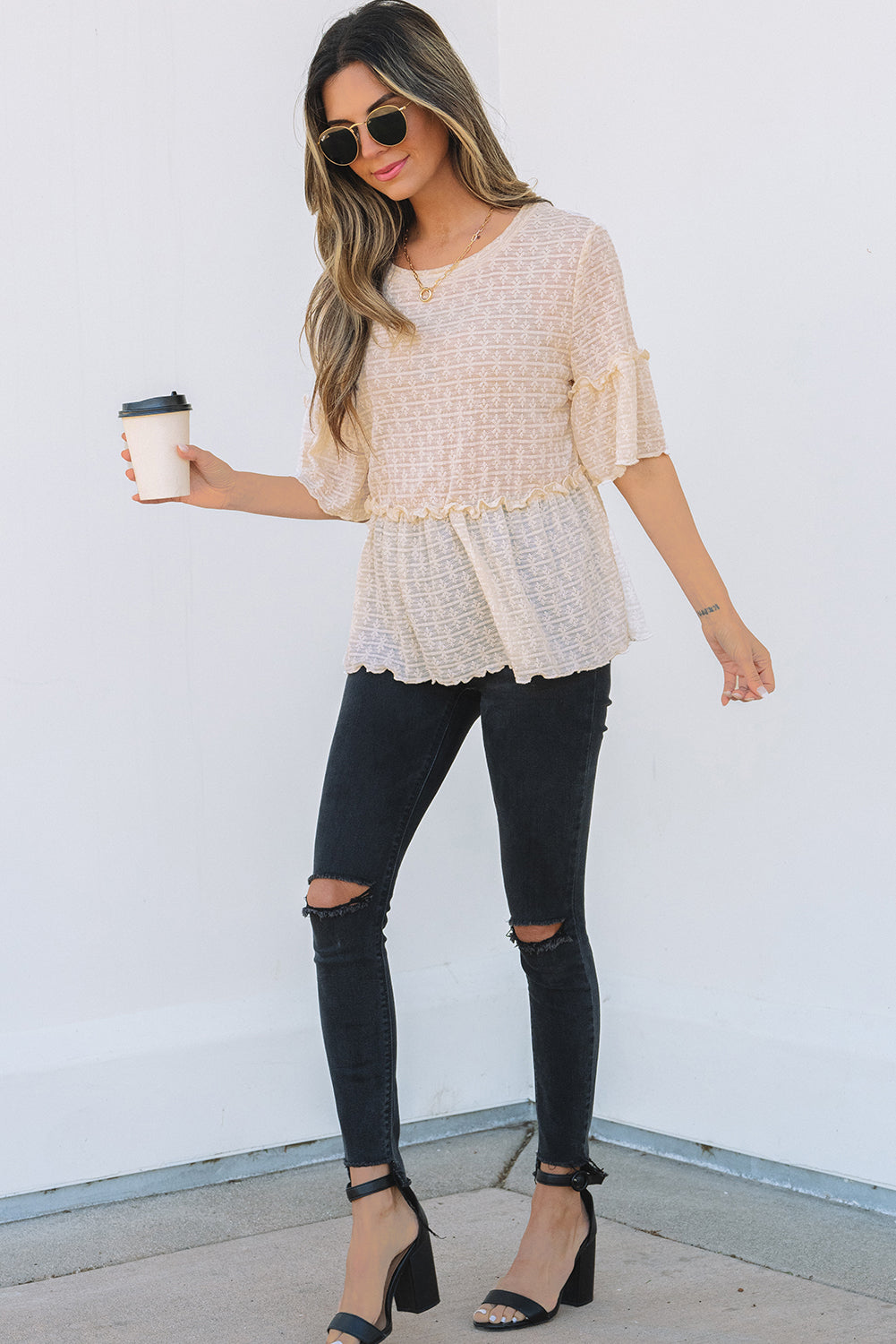 Threaded Pear Oaklyn Textured Ruffled Short Sleeve Blouse