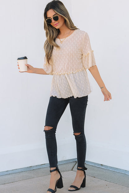 Threaded Pear Oaklyn Textured Ruffled Short Sleeve Blouse