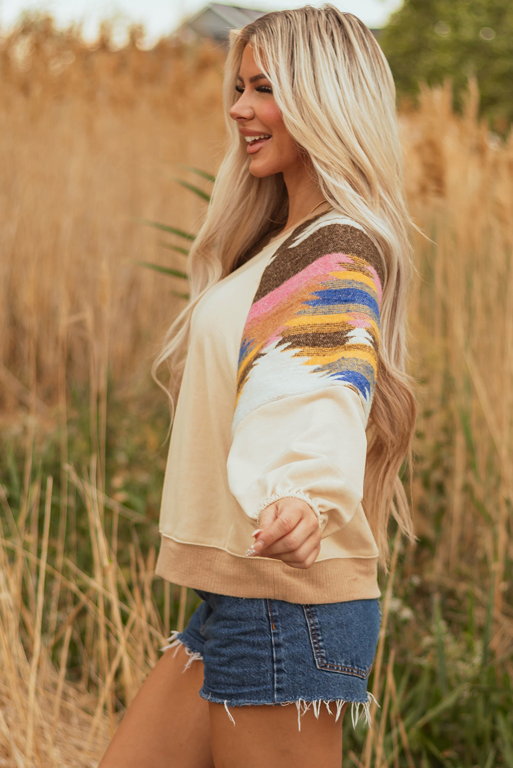 Threaded Pear Logan Aztec Patchwork Raglan Pullover Sweatshirt