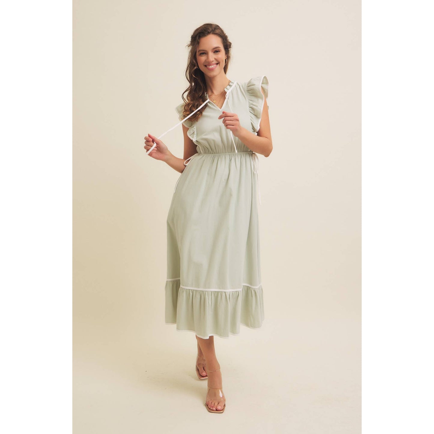 Annie- Cotton Gauze Midi Dress With Ruffles and Contrast Binding