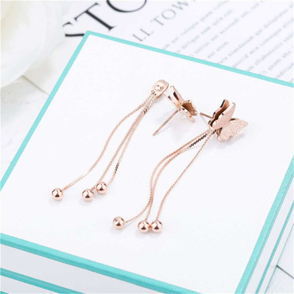 Rose Goldtone Butterfly Bead Drop Earrings