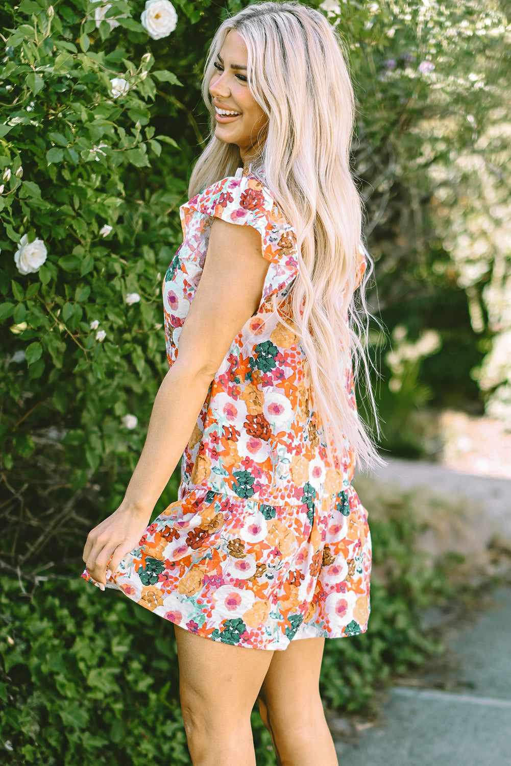 Threaded Pear August Floral Print Split Neck Flutter Sleeve Dress