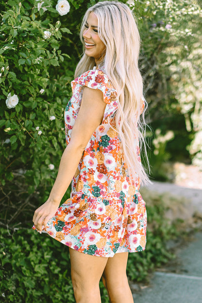 Threaded Pear August Floral Print Split Neck Flutter Sleeve Dress