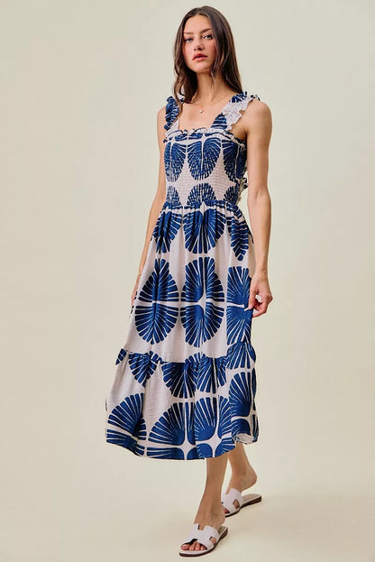 SO ME Abstract Print Smocked Bodice Tiered Lined Midi Dress