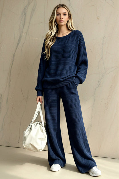 Women's Oversized Horizontal Ladder-Knit Drop-Shoulder Sweater & Wide-Leg Knit Pants Set