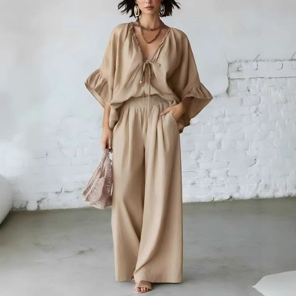 Women's Loose-Fit V-Neck Top & Wide-Leg Pants Two-Piece Set – Zulily