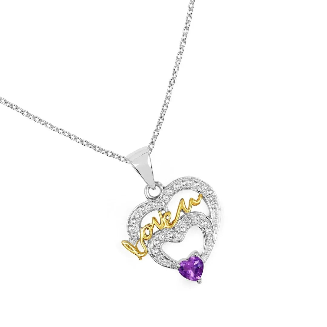 Heart Purple Amethyst Prong Silver Mom Charm Necklace