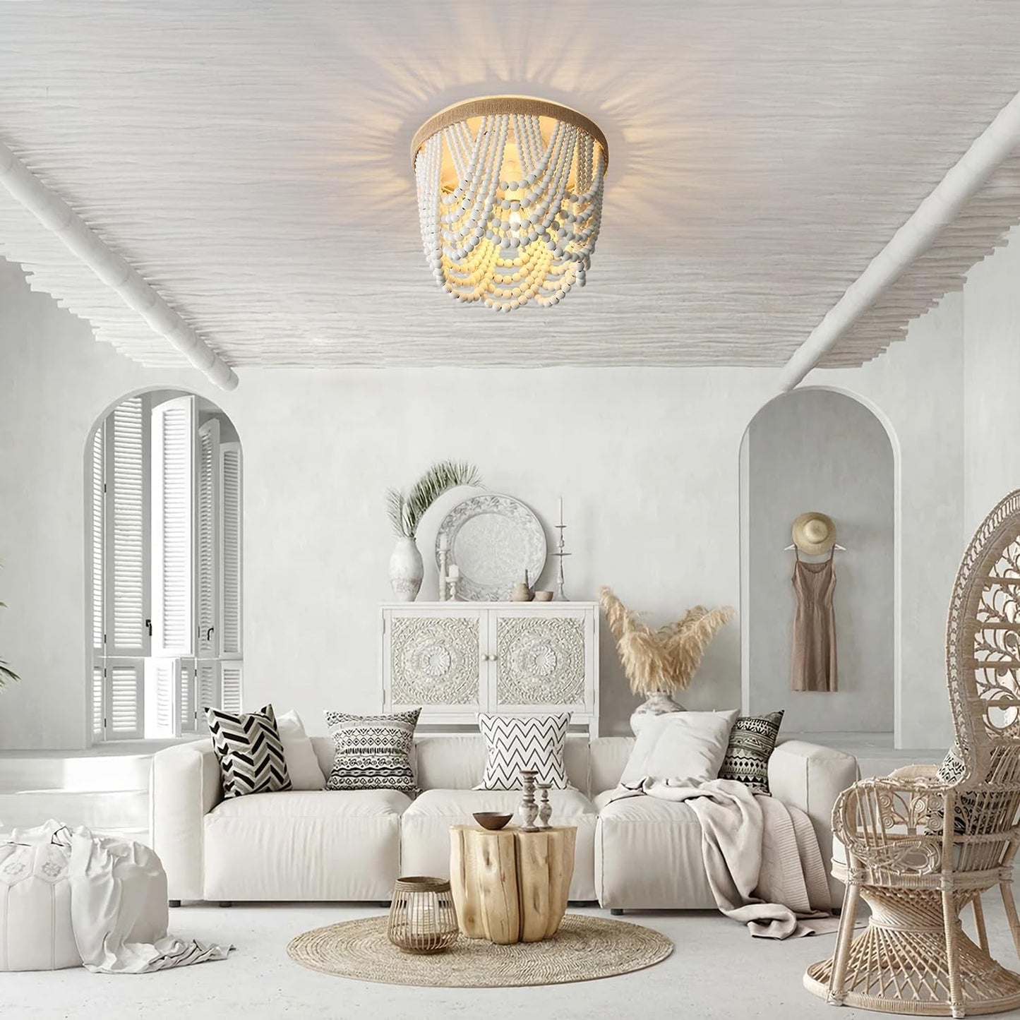 Bohemian Lighting Bohemian Chandelier Handmade Beaded Chandelier Bohemian Lighting Ceiling Beaded Lighting 3 Light Wood Bead Chandelier Nursery Lighting Bedroom Chandelier (White)