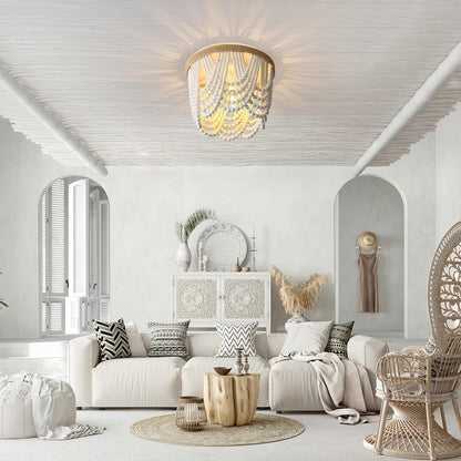 Bohemian Lighting Bohemian Chandelier Handmade Beaded Chandelier Bohemian Lighting Ceiling Beaded Lighting 3 Light Wood Bead Chandelier Nursery Lighting Bedroom Chandelier (White)