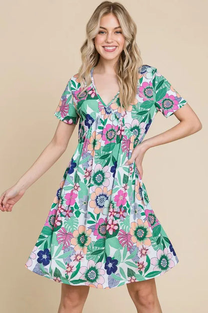 BOMBOM Ruched Floral V-Neck Short Sleeve Dress