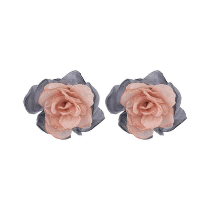 Pink & Blue Chiffon & Silvertone Flower Stud Earrings