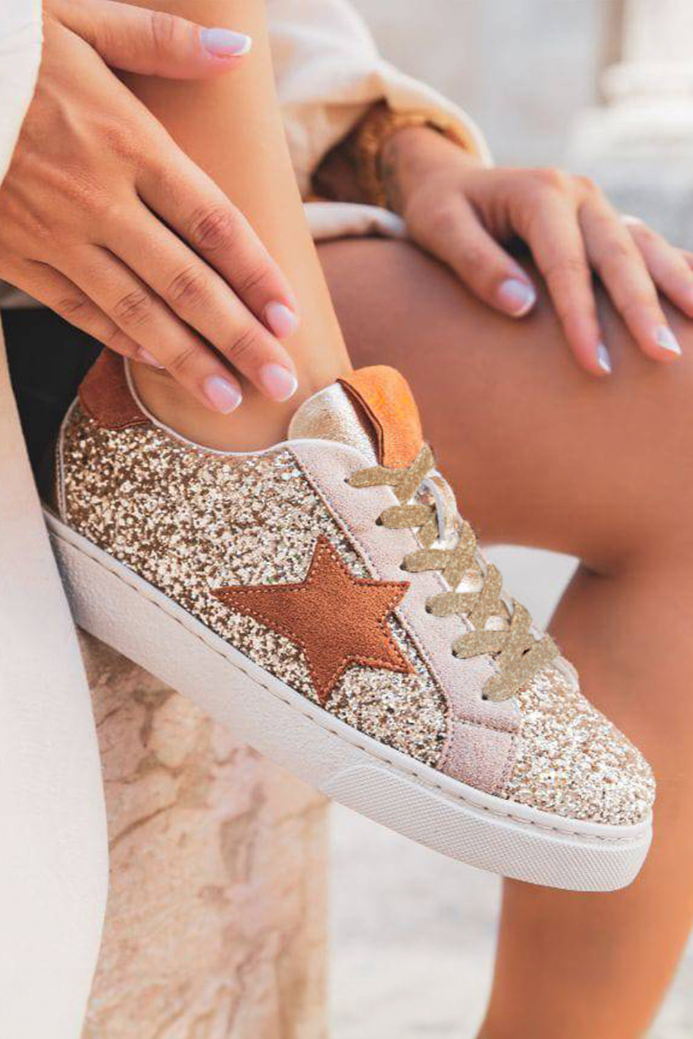 Threaded Pear Armani Sequined Lace Up Sneakers