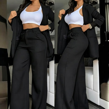 Women's Longline Open-Front Blazer & High-Waist Wide-Leg Trousers Suit Set – 8 Colors