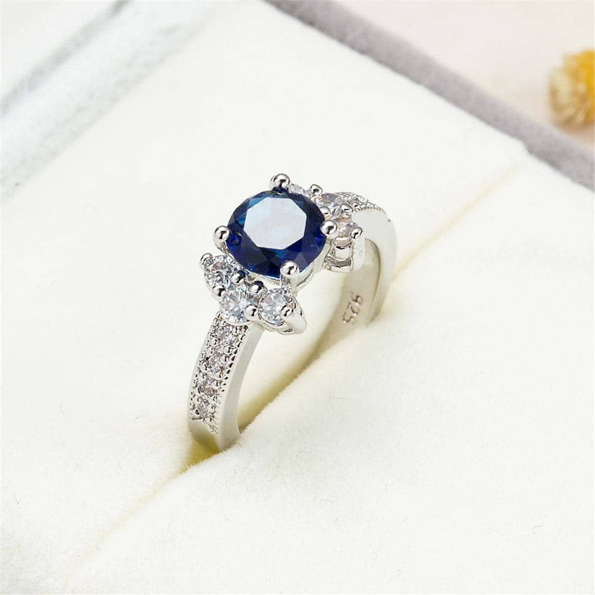 Navy Cubic Zirconia & Crystal Round Cluster-Side Ring