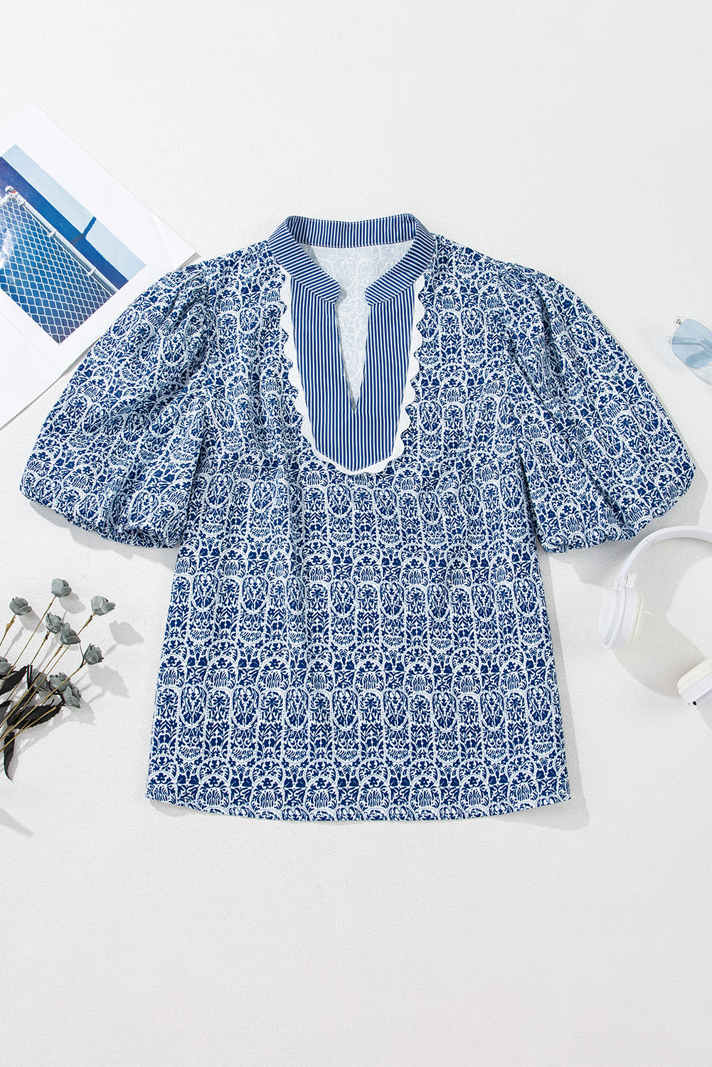 Threaded Pear Alayah Floral Striped Ric-rac Puff Sleeve Top