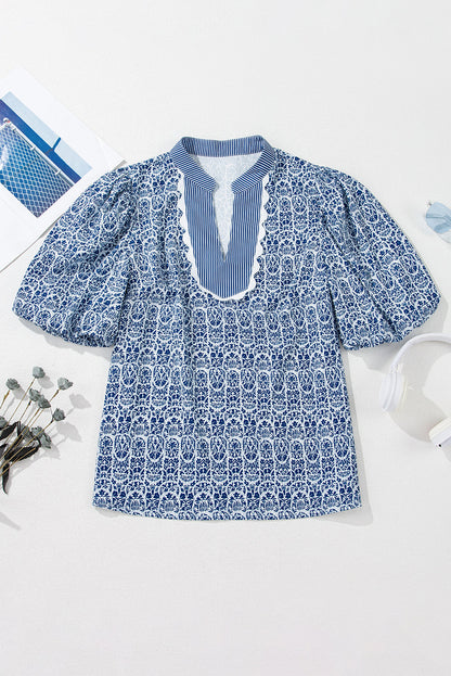 Threaded Pear Alayah Floral Striped Ric-rac Puff Sleeve Top