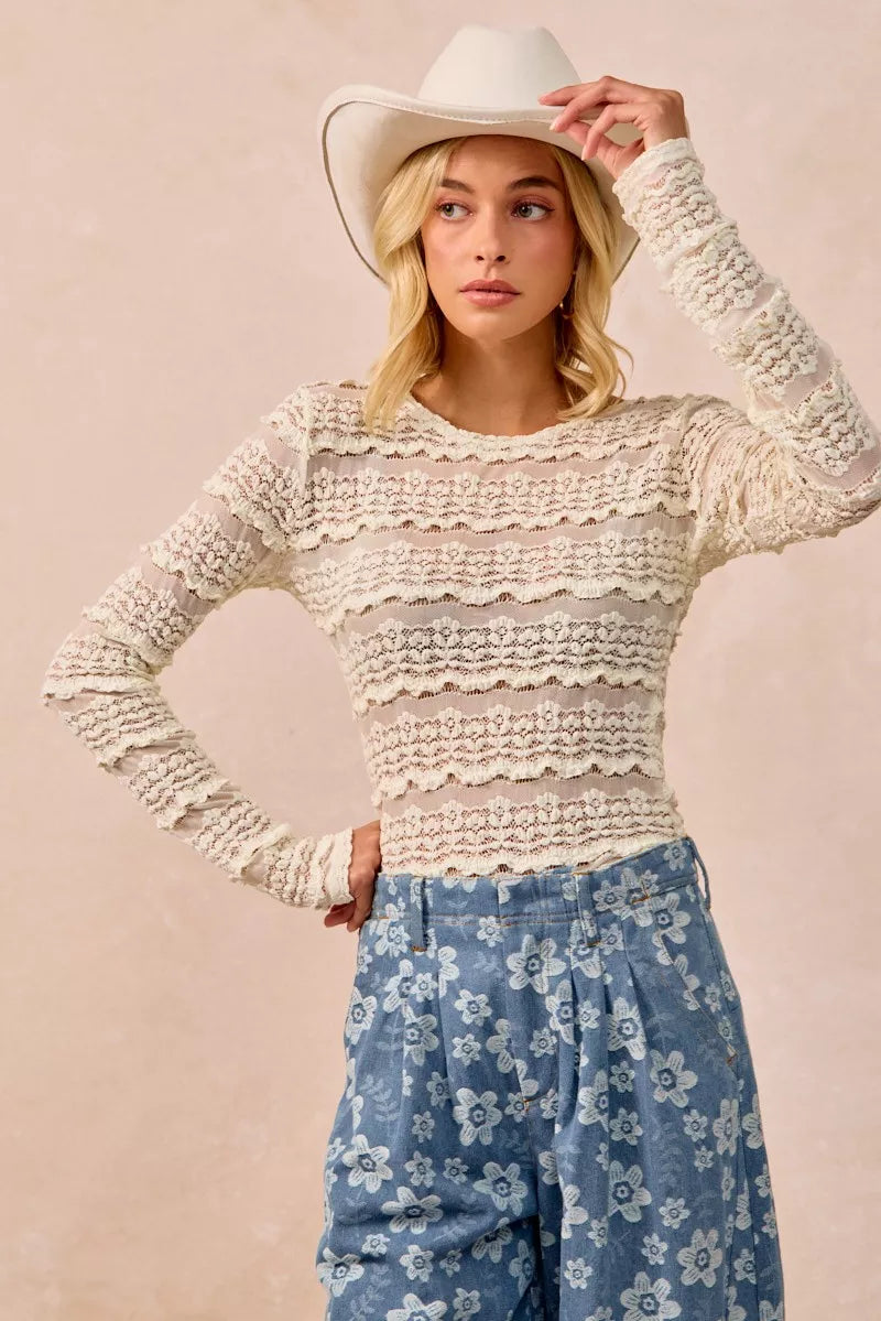 BiBi Ruffles Detail Flower Lace Top in Cream