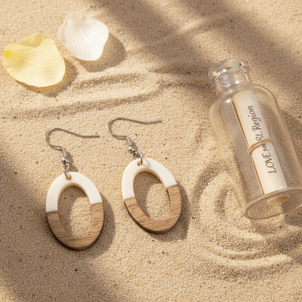 White Resin & Wood Silvertone Open Oval Hook Earrings