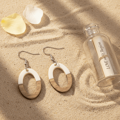 White Resin & Wood Silvertone Open Oval Hook Earrings