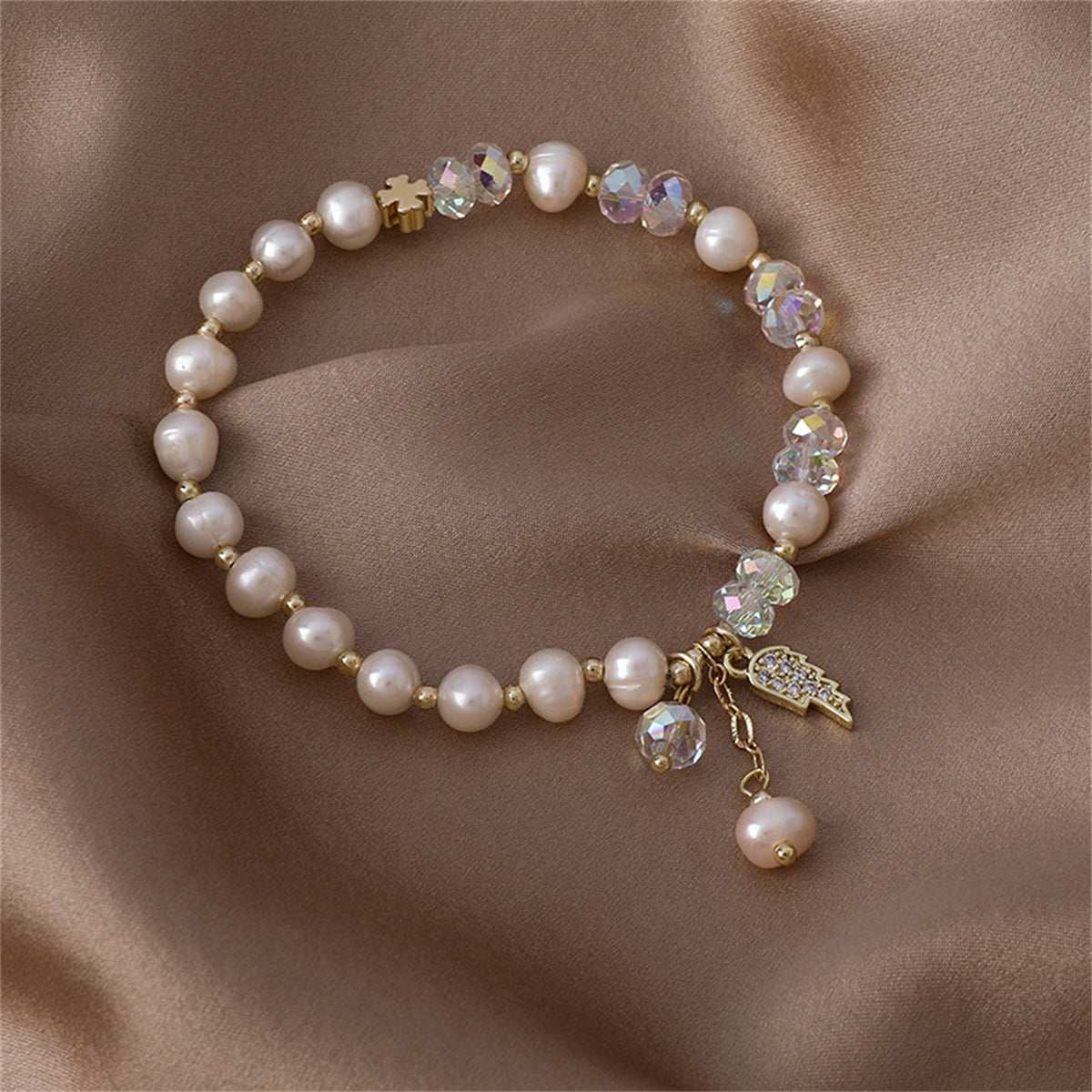Pearl & Cubic Zirconia Goldtone Wing Charm Stretch Bracelet