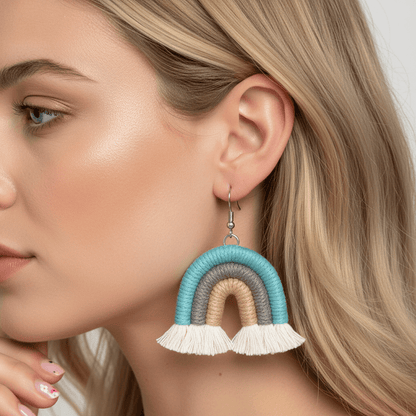 Blue Multi-Colored Yarn & Silvertone Rainbow Tassel Hook Earrings