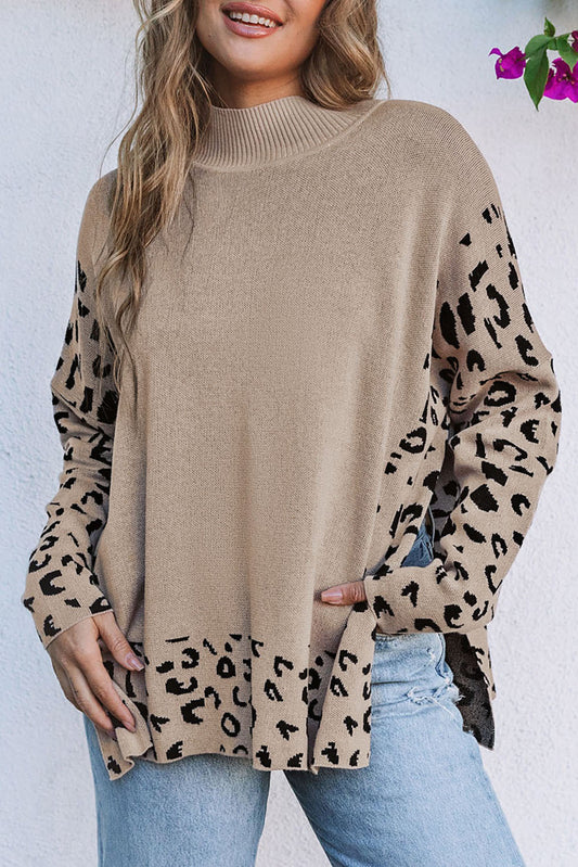 Threaded Pear Sarai Leopard High Neck Side Slit Oversized Sweater