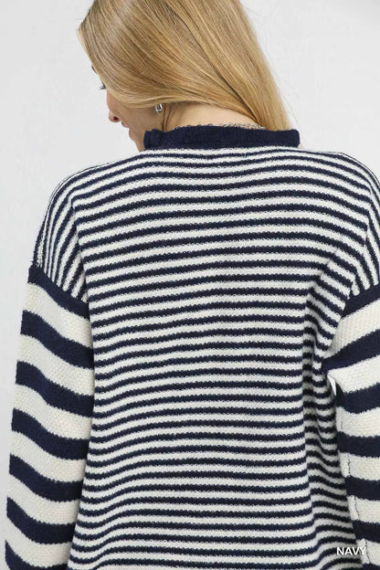 Umgee Ruffle Neck Stripe Sweater