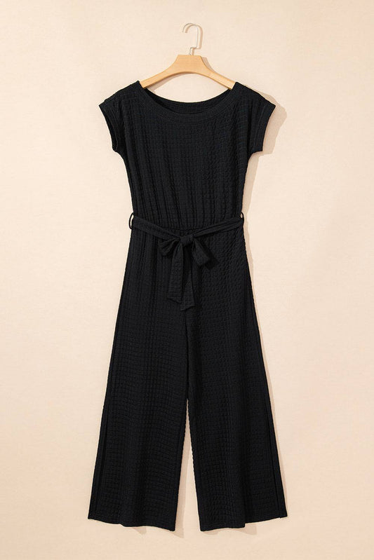 Threaded Pear Georgina Checkered Mesh One Shoulder Short Sleeve Jumpsuit
