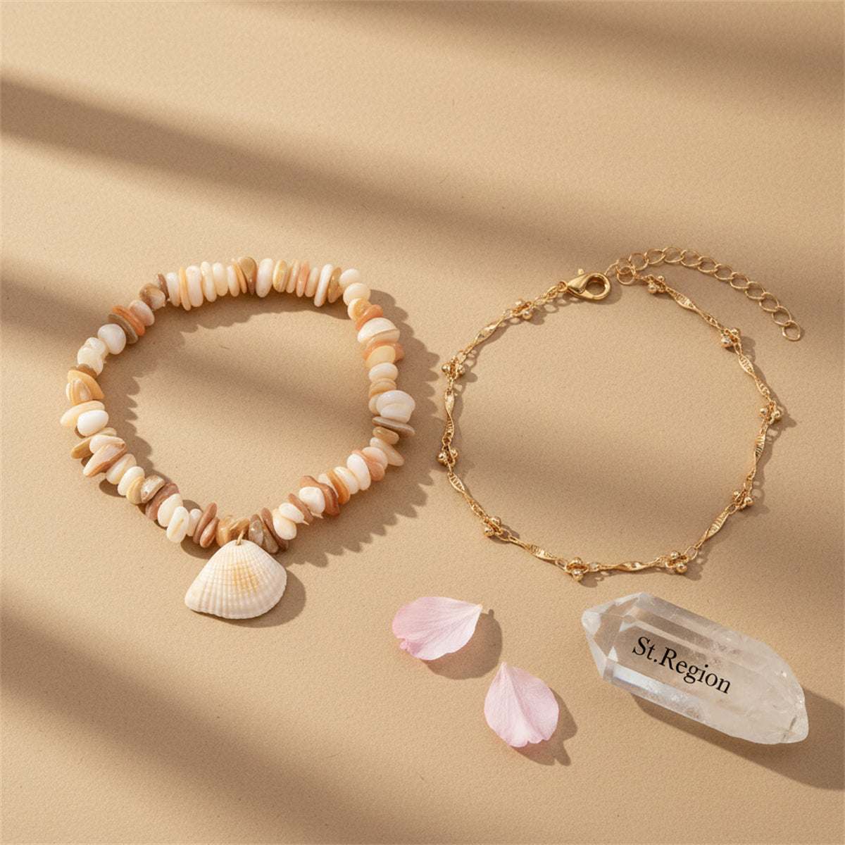 Multi-Colored Shell & Goldtone Charm Anklet Set