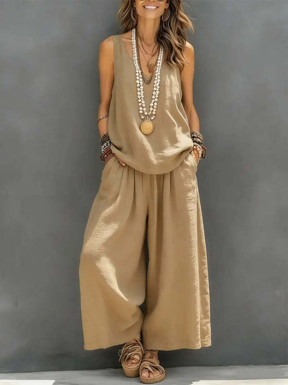Women’s Cotton Linen Sleeveless Tank Top and Wide-Leg Pants Set