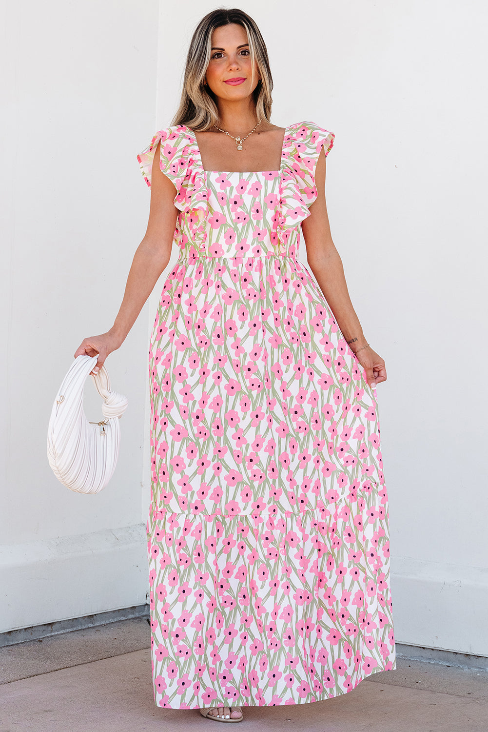 Threaded Pear Angelica Floral Ruffled Strap Maxi Dress