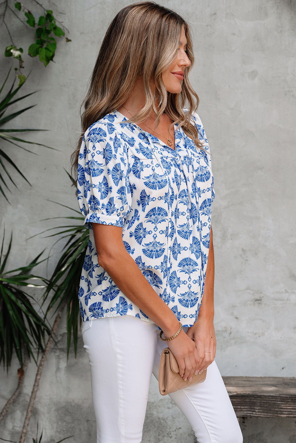 Threaded Pear Grace Geometric Tassel Drawstring V Neck Blouse