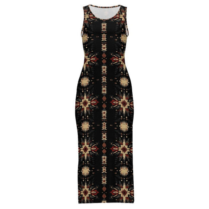 Baha Ranch Black and Tan Aztec Bodycon Side Slit Western Maxi Dress