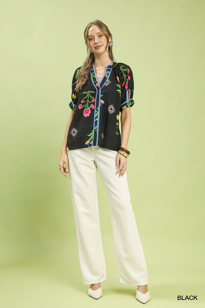 Umgee Botanical Print Contrast Trim Button Blouse - Black Sz L