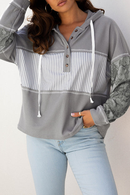 Threaded Pear Taytum Patchwork Drawstring Hooded Long Sleeve Top
